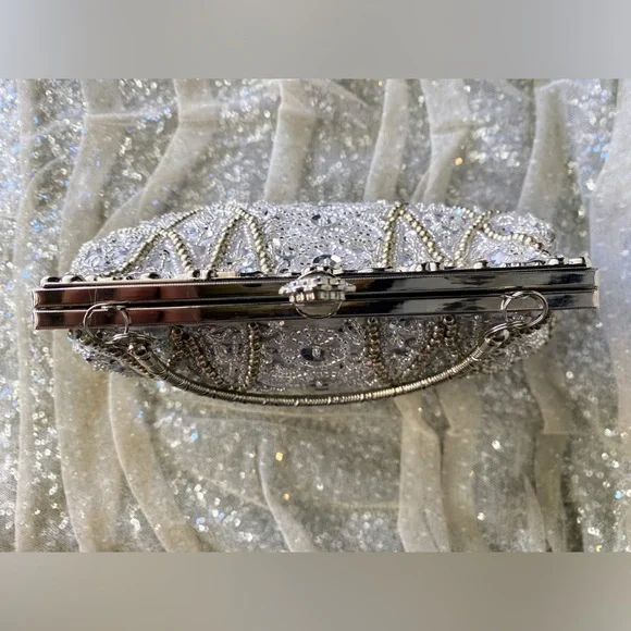 Elegant Silver Beaded Clutch with Crossbody Strap - Picture 8 of 14